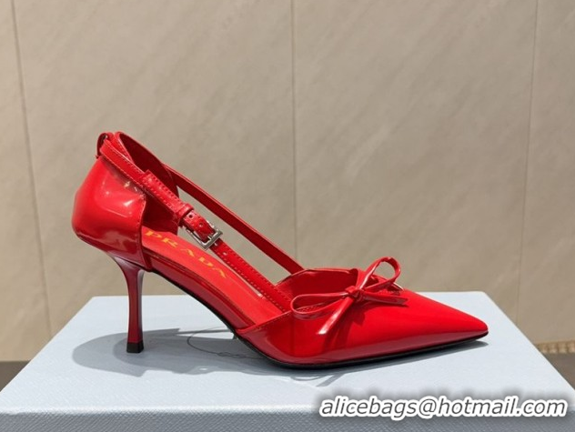 Best Grade Prada Patent Leather Heel Pumps 7.5cm with Bow Buckle Red PR120602 1206013 2026