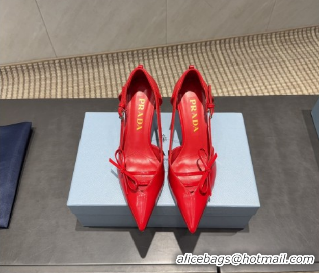 Best Grade Prada Patent Leather Heel Pumps 7.5cm with Bow Buckle Red PR120602 1206013 2026