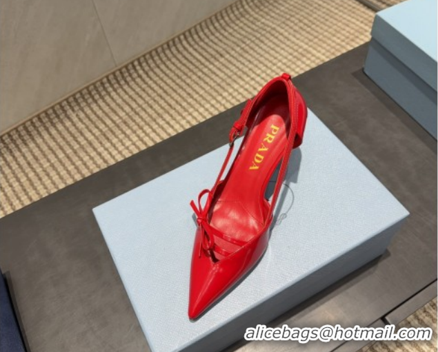 Best Grade Prada Patent Leather Heel Pumps 7.5cm with Bow Buckle Red PR120602 1206013 2026