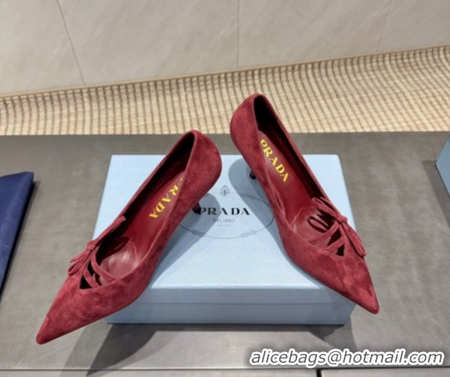 Shop Cheap Prada Suede Heel Pumps 7.5cm with Bow Red PR120603 1206016 2026