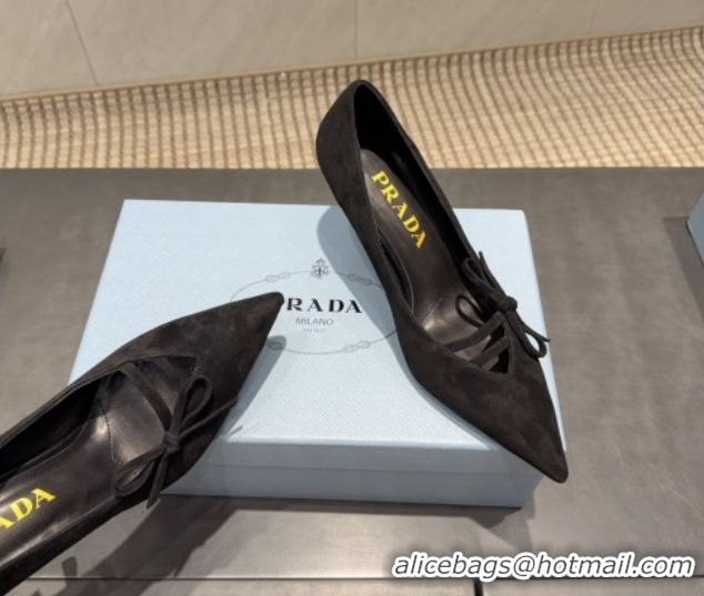 Classic Hot Prada Suede Heel Pumps 7.5cm with Bow Black PR120603 1206017 2026