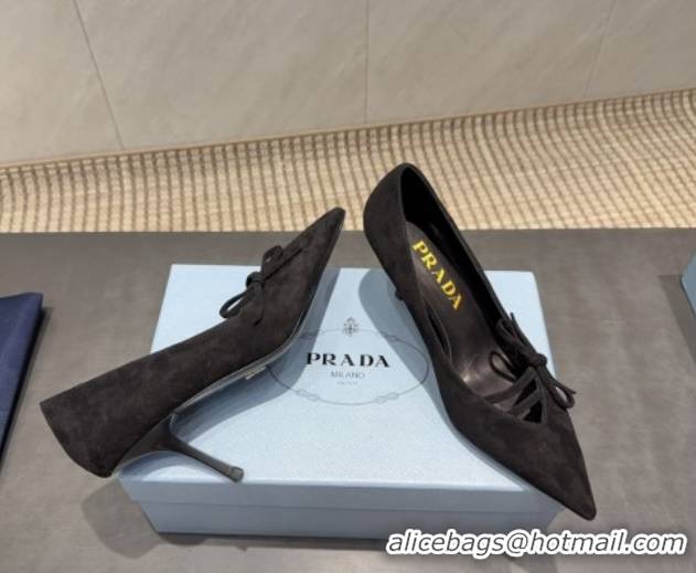 Classic Hot Prada Suede Heel Pumps 7.5cm with Bow Black PR120603 1206017 2026
