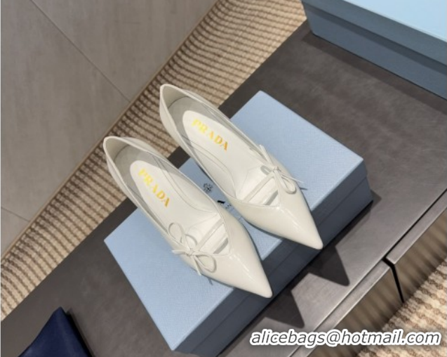 Good Quality Prada Patent Leather Heel Pumps 7.5cm with Bow White PR120603 1206018 2026