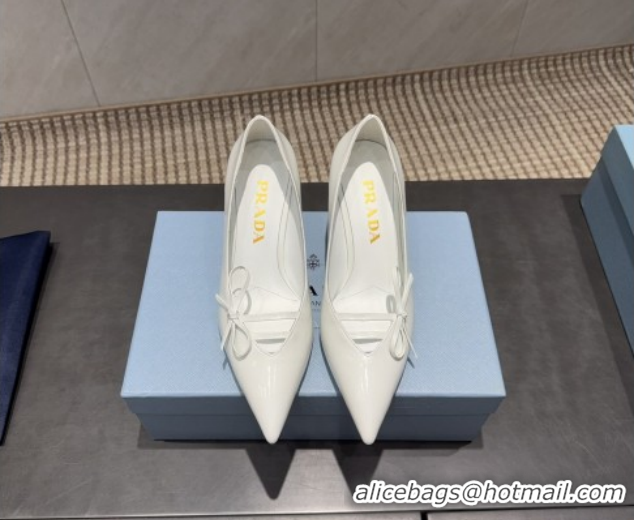 Good Quality Prada Patent Leather Heel Pumps 7.5cm with Bow White PR120603 1206018 2026