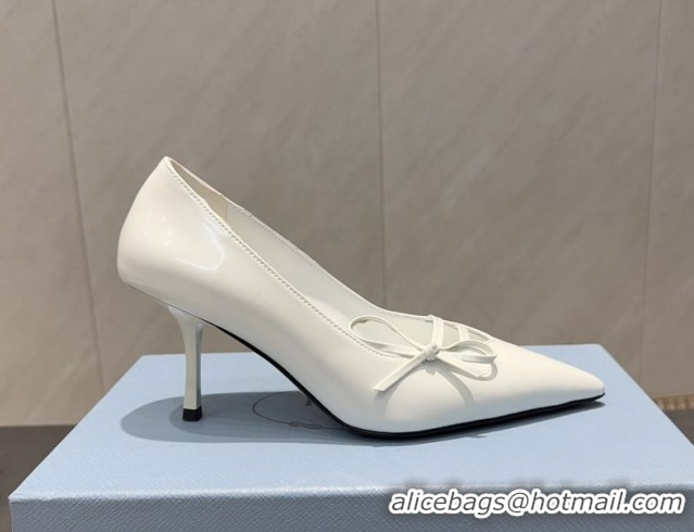 Good Quality Prada Patent Leather Heel Pumps 7.5cm with Bow White PR120603 1206018 2026
