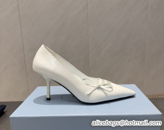 Good Quality Prada Patent Leather Heel Pumps 7.5cm with Bow White PR120603 1206018 2026