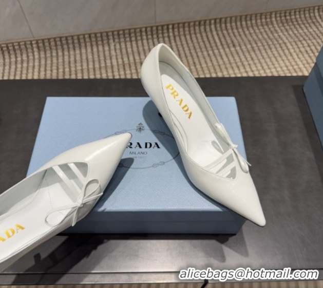 Good Quality Prada Patent Leather Heel Pumps 7.5cm with Bow White PR120603 1206018 2026