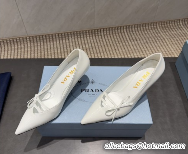 Good Quality Prada Patent Leather Heel Pumps 7.5cm with Bow White PR120603 1206018 2026