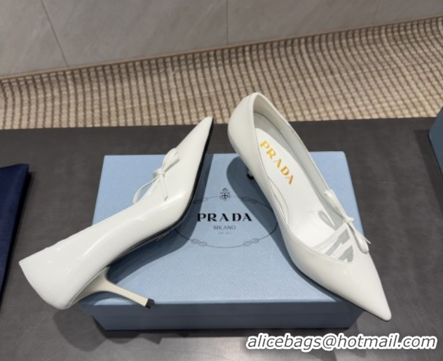 Good Quality Prada Patent Leather Heel Pumps 7.5cm with Bow White PR120603 1206018 2026