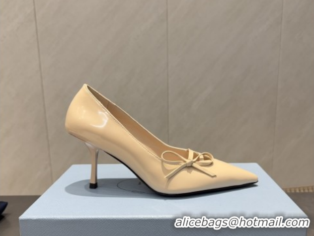 Unique Style Prada Patent Leather Heel Pumps 7.5cm with Bow Beige PR120603 1206019 2026