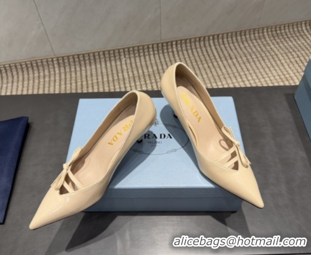 Unique Style Prada Patent Leather Heel Pumps 7.5cm with Bow Beige PR120603 1206019 2026