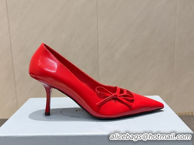 Luxurious Prada Patent Leather Heel Pumps 7.5cm with Bow Red PR120603 1206020 2026