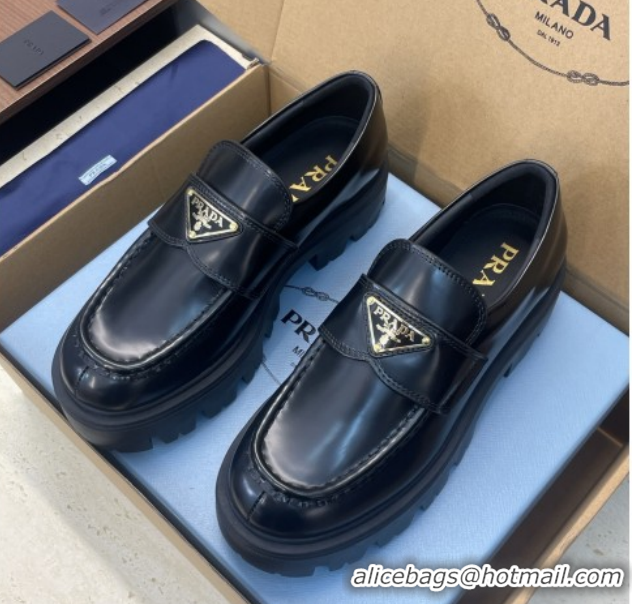 Sumptuous Prada Brushed Leather Platform Loafers 4.5cm Black PR120604 1206025 2026