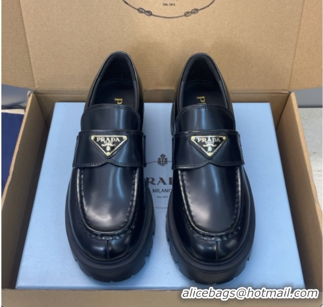 Sumptuous Prada Brushed Leather Platform Loafers 4.5cm Black PR120604 1206025 2026