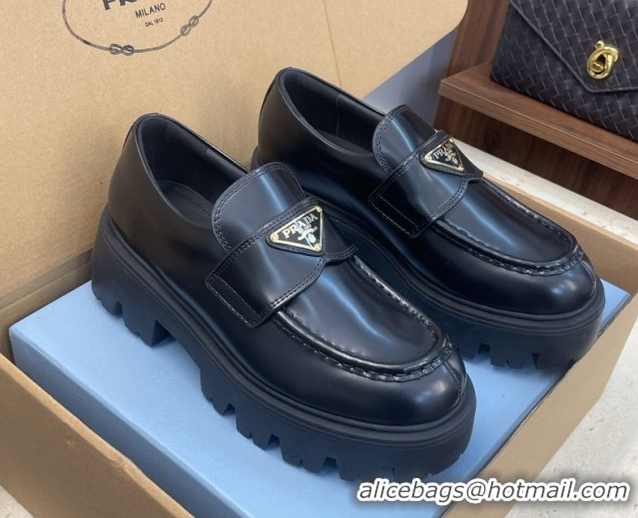 Sumptuous Prada Brushed Leather Platform Loafers 4.5cm Black PR120604 1206025 2026