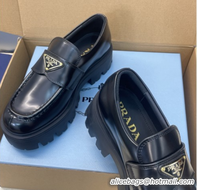 Sumptuous Prada Brushed Leather Platform Loafers 4.5cm Black PR120604 1206025 2026