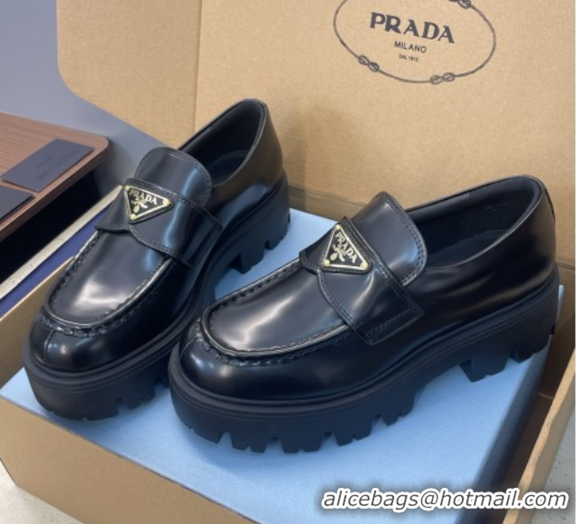 Sumptuous Prada Brushed Leather Platform Loafers 4.5cm Black PR120604 1206025 2026