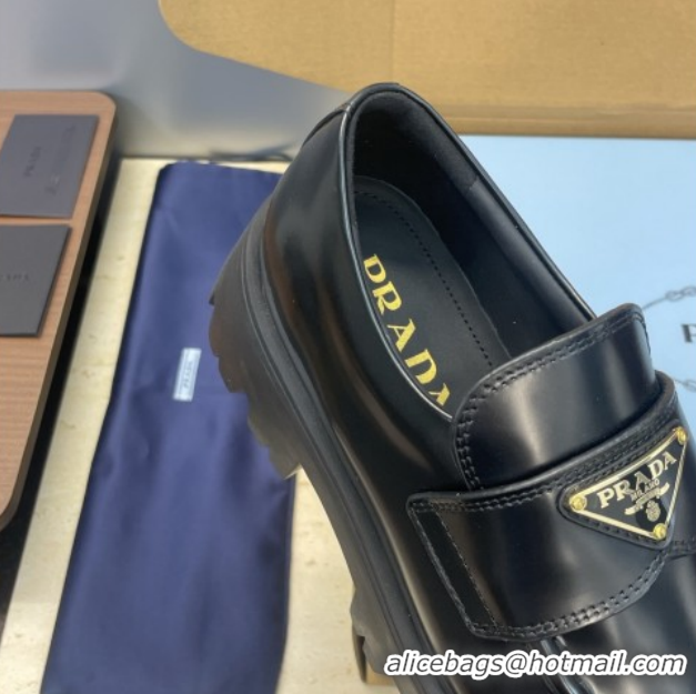 Sumptuous Prada Brushed Leather Platform Loafers 4.5cm Black PR120604 1206025 2026
