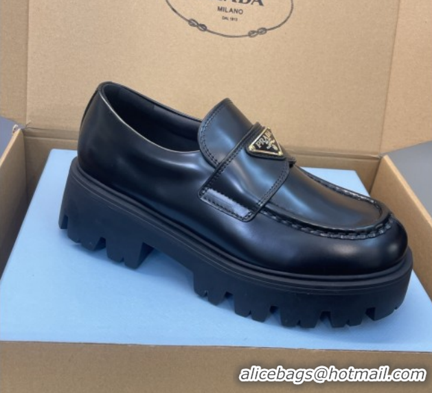 Sumptuous Prada Brushed Leather Platform Loafers 4.5cm Black PR120604 1206025 2026
