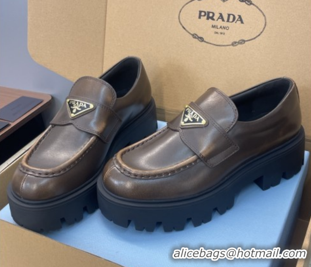 Fashion Luxury Prada Leather Platform Loafers 4.5cm Brown PR120604 1206026 2026