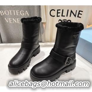 Shop Duplicate Prada Leather and Shearling Booties with Buckle 1U187O Black 2026