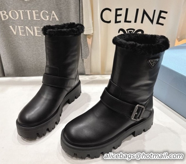 Shop Duplicate Prada Leather and Shearling Booties with Buckle 1U187O Black 2026