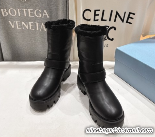 Shop Duplicate Prada Leather and Shearling Booties with Buckle 1U187O Black 2026