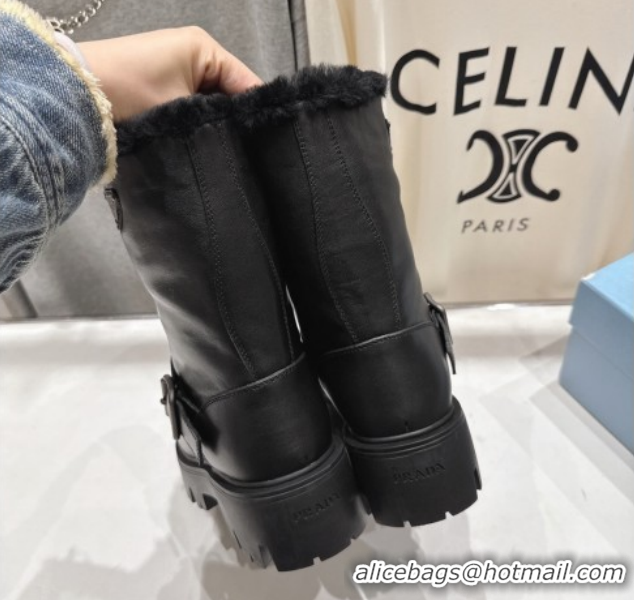 Shop Duplicate Prada Leather and Shearling Booties with Buckle 1U187O Black 2026