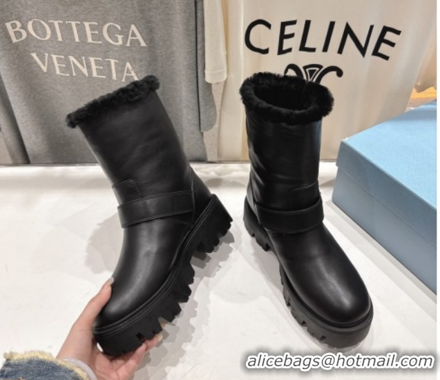 Shop Duplicate Prada Leather and Shearling Booties with Buckle 1U187O Black 2026
