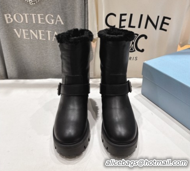Shop Duplicate Prada Leather and Shearling Booties with Buckle 1U187O Black 2026