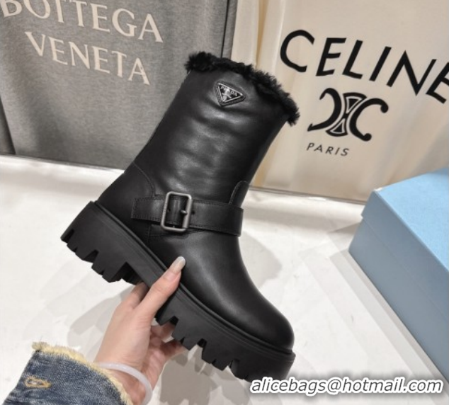 Shop Duplicate Prada Leather and Shearling Booties with Buckle 1U187O Black 2026