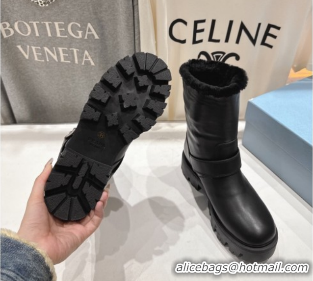 Shop Duplicate Prada Leather and Shearling Booties with Buckle 1U187O Black 2026