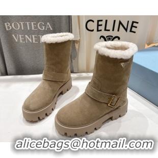 Classic Hot Prada Suede and Shearling Booties with Buckle 1U187O Beige 2026