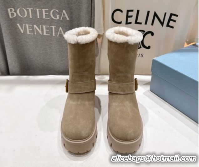 Classic Hot Prada Suede and Shearling Booties with Buckle 1U187O Beige 2026