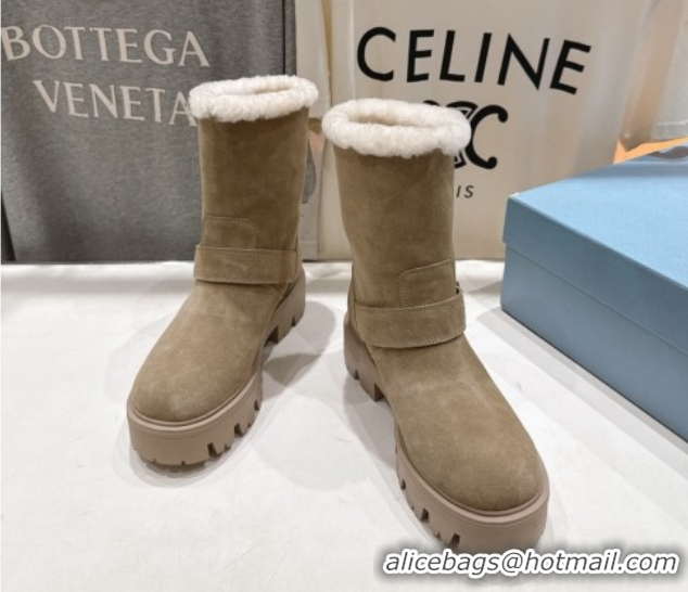Classic Hot Prada Suede and Shearling Booties with Buckle 1U187O Beige 2026
