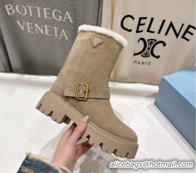 Classic Hot Prada Suede and Shearling Booties with Buckle 1U187O Beige 2026