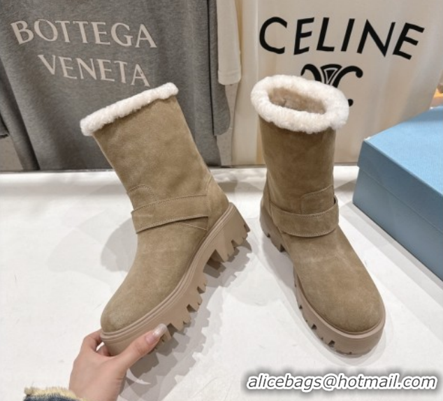 Classic Hot Prada Suede and Shearling Booties with Buckle 1U187O Beige 2026