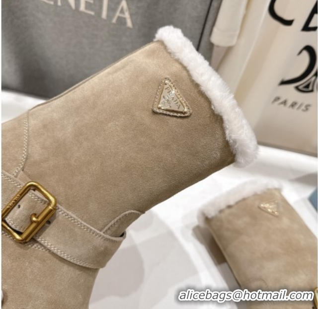 Classic Hot Prada Suede and Shearling Booties with Buckle 1U187O Beige 2026