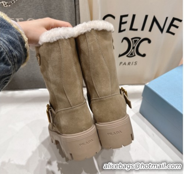 Classic Hot Prada Suede and Shearling Booties with Buckle 1U187O Beige 2026