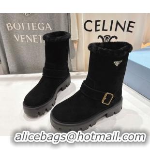 Top Grade Prada Suede and Shearling Booties with Buckle 1U187O Black 2026