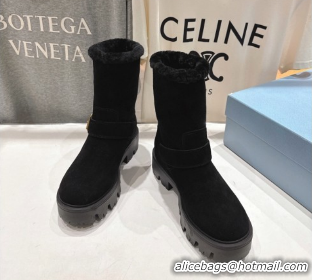Top Grade Prada Suede and Shearling Booties with Buckle 1U187O Black 2026