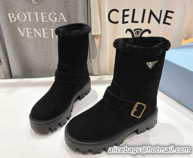 Top Grade Prada Suede and Shearling Booties with Buckle 1U187O Black 2026