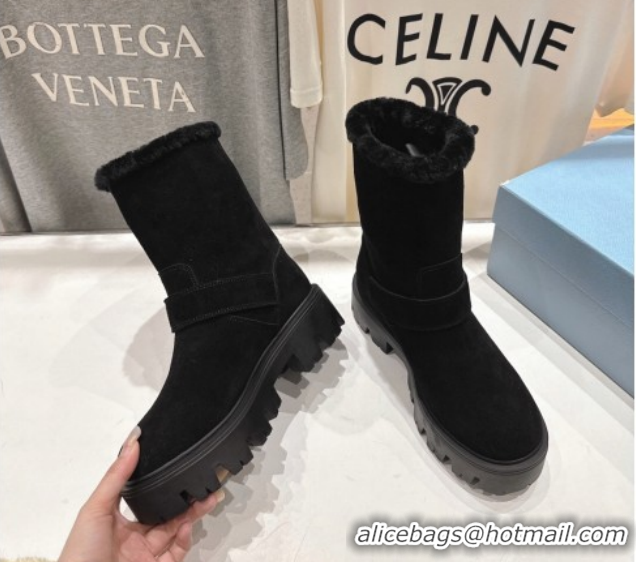 Top Grade Prada Suede and Shearling Booties with Buckle 1U187O Black 2026