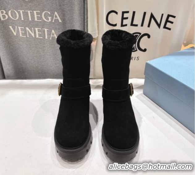 Top Grade Prada Suede and Shearling Booties with Buckle 1U187O Black 2026