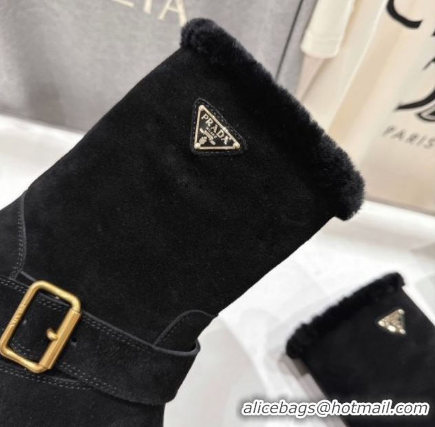 Top Grade Prada Suede and Shearling Booties with Buckle 1U187O Black 2026