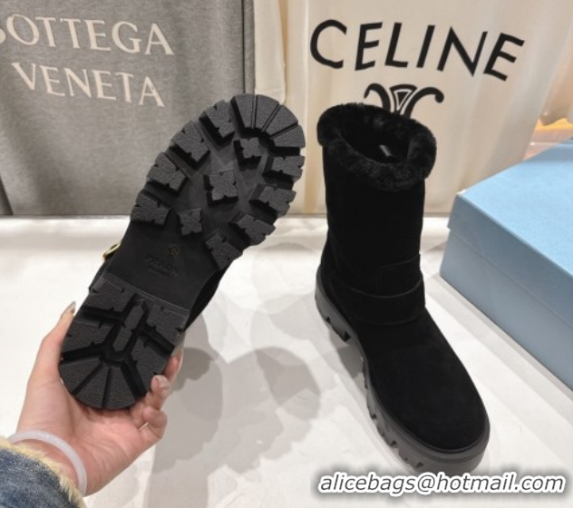 Top Grade Prada Suede and Shearling Booties with Buckle 1U187O Black 2026