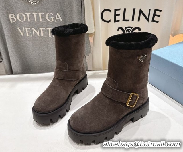 Good Quality Prada Suede and Shearling Booties with Buckle 1U187O Brown 2026