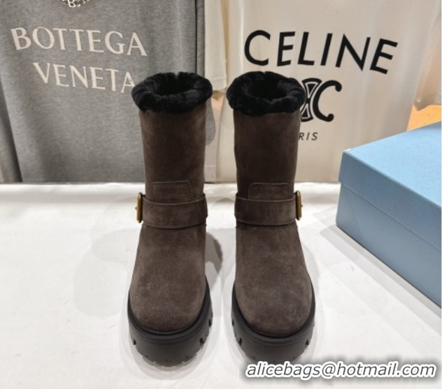 Good Quality Prada Suede and Shearling Booties with Buckle 1U187O Brown 2026