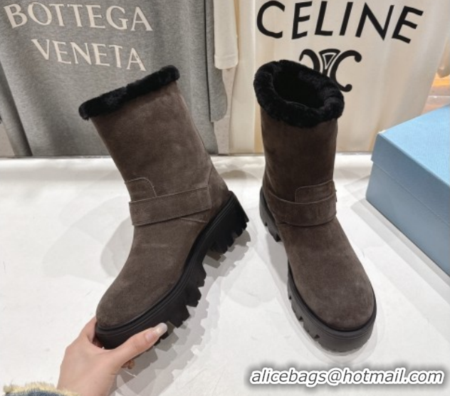 Good Quality Prada Suede and Shearling Booties with Buckle 1U187O Brown 2026