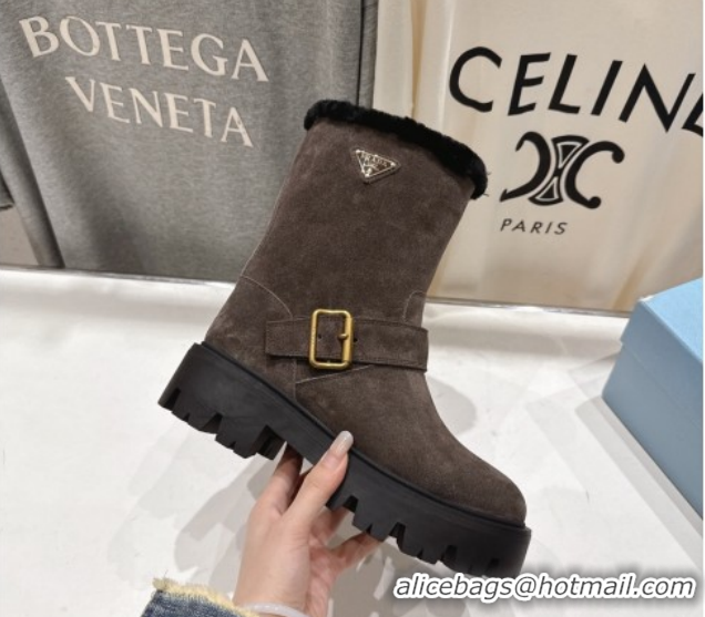 Good Quality Prada Suede and Shearling Booties with Buckle 1U187O Brown 2026